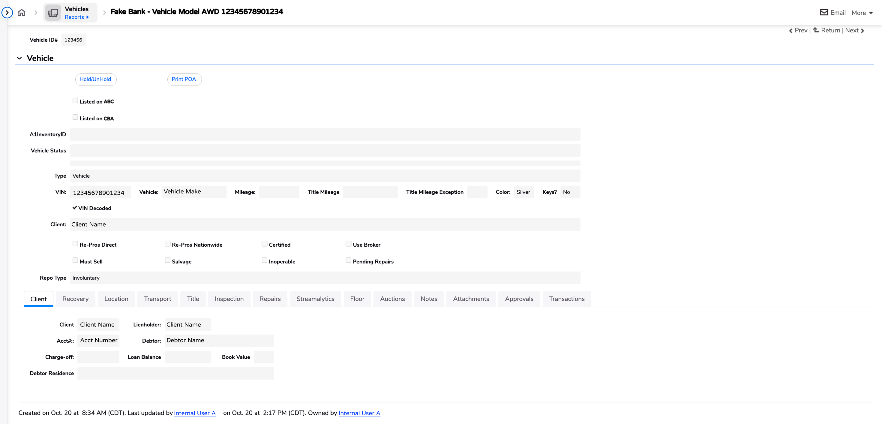 The legacy application's vehicle record: a long form of mostly empty fields and checkboxes, with fourteen tabs below it